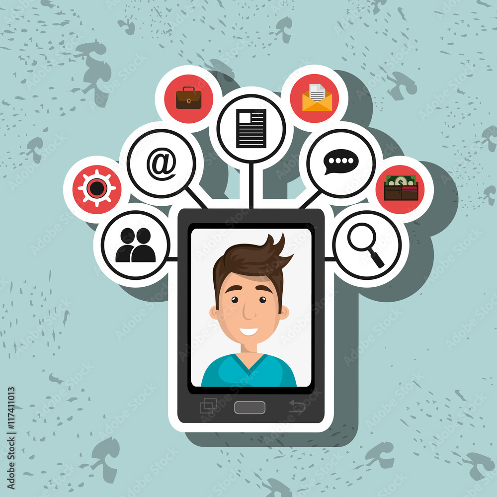 cartoon man on smartphone screen and media icon set above vector cartoon man on smartphone screen and media icon set above vector