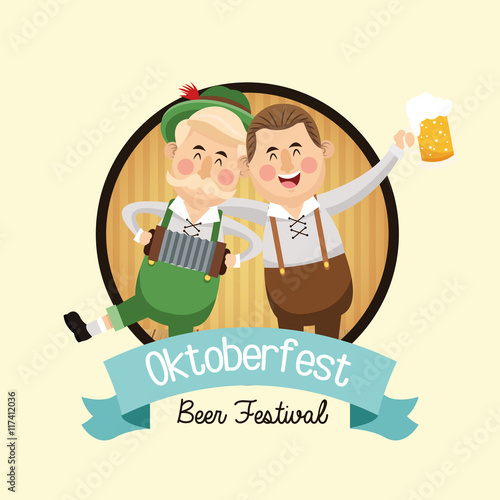 cartoon man mustache beer festival oktoberfest germany icon. Colorfull and seal stamp with ribbon illustration. Vector graphic