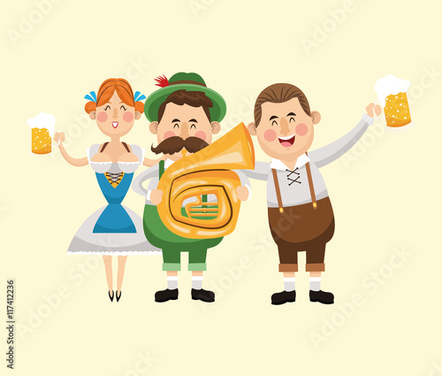 cartoon man woman girl saxophone beer festival oktoberfest germany icon. Colorfull illustration. Vector graphic