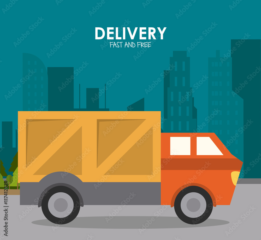 Delivery and Shipping concept represented by truck and city icon. Colorfull and flat illustration.