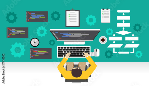 Software development. Programmer working on computer. Programming mechanism concept.