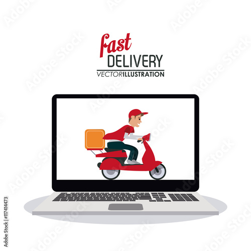 Fast Delivery and Shipping concept represented by motorcycle laptop icon. Colorfull and flat illustration.
