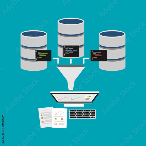 Data mining or business intelligence processing concept. Extract information from database for decision making.