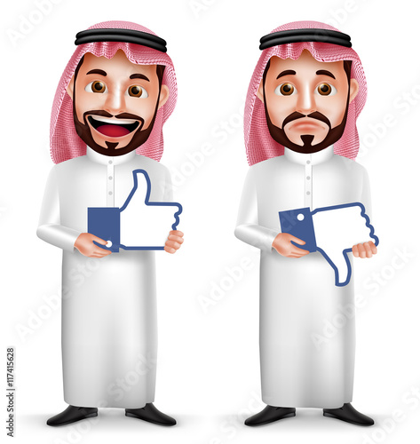 Saudi arab man vector character with facial expressions holding like and dislike sign icon for social media isolated in white background. Vector illustration.
