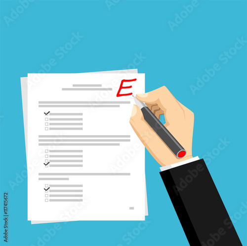 Get E for the exam. Checking in the answer of final exam concept. Score of test concept illustration.