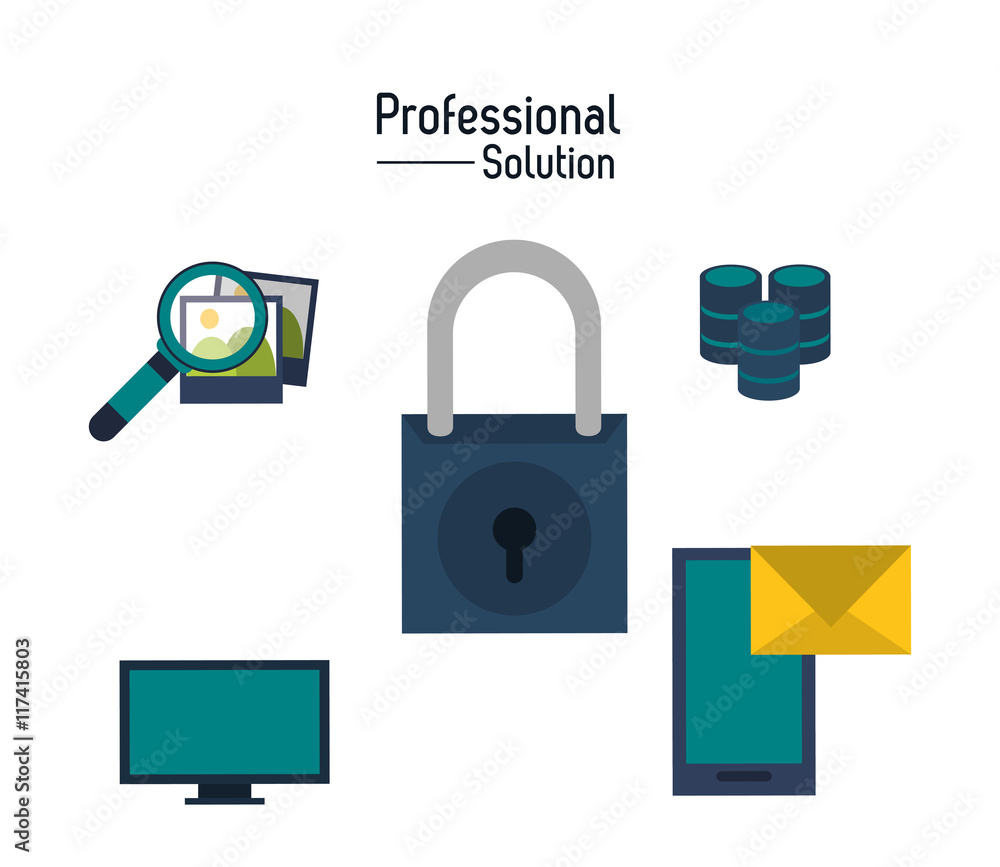Professional solution concept represented by padlock and icon set. Colorfull and flat illustration. Professional solution concept represented by padlock and icon set. Colorfull and flat illustration.