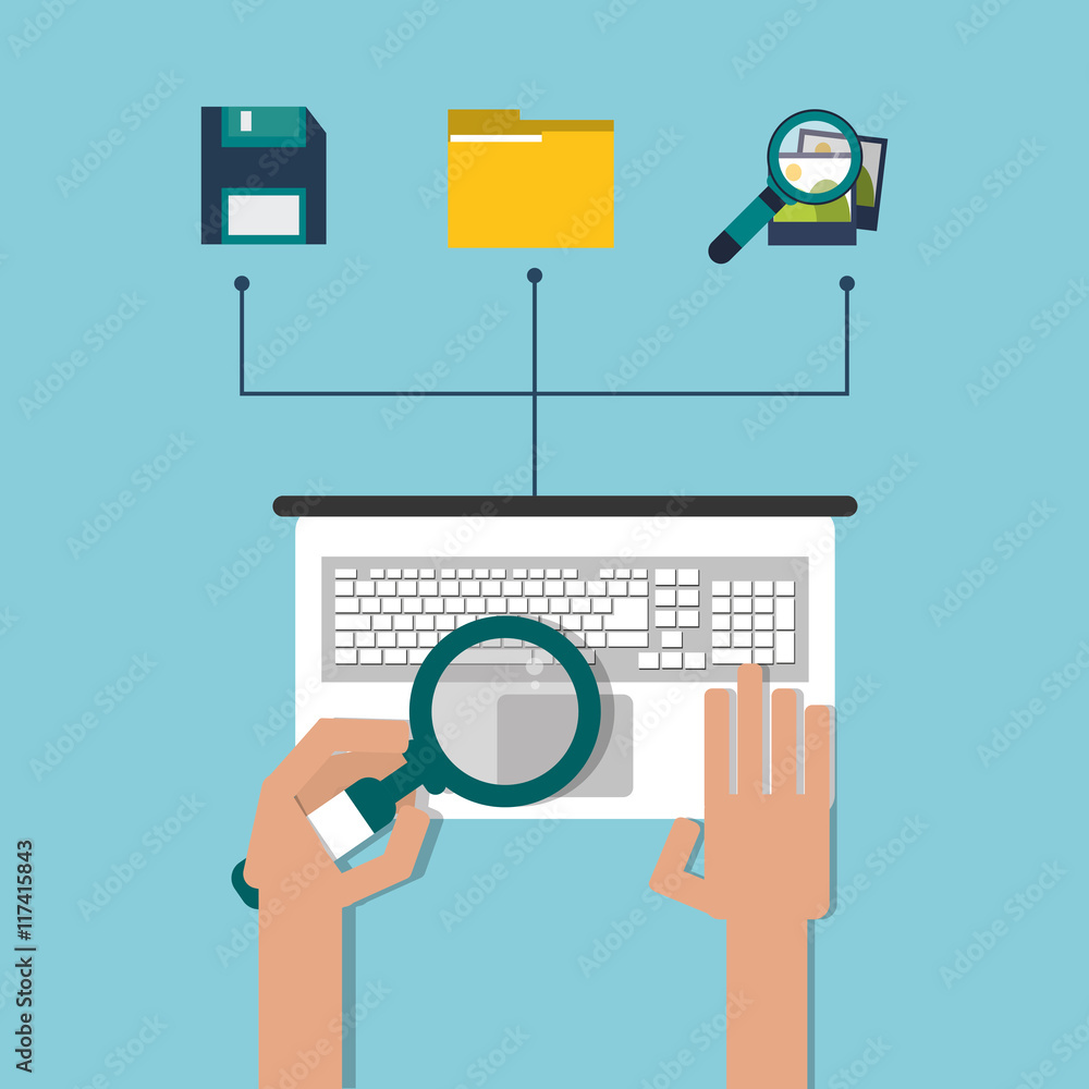 Professional solution concept represented by laptop file dikette photo and lupe icon. Colorfull and flat illustration. Professional solution concept represented by laptop file dikette photo and lupe icon. Colorfull and flat illustration.