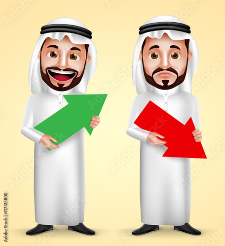 Saudi arab man vector character wearing white traditional dress with facial expressions holding up and down arrow for business finance graph. Vector illustration.