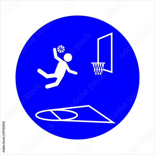 White outline basketball player jumps and throws ball in a basket on a blue background