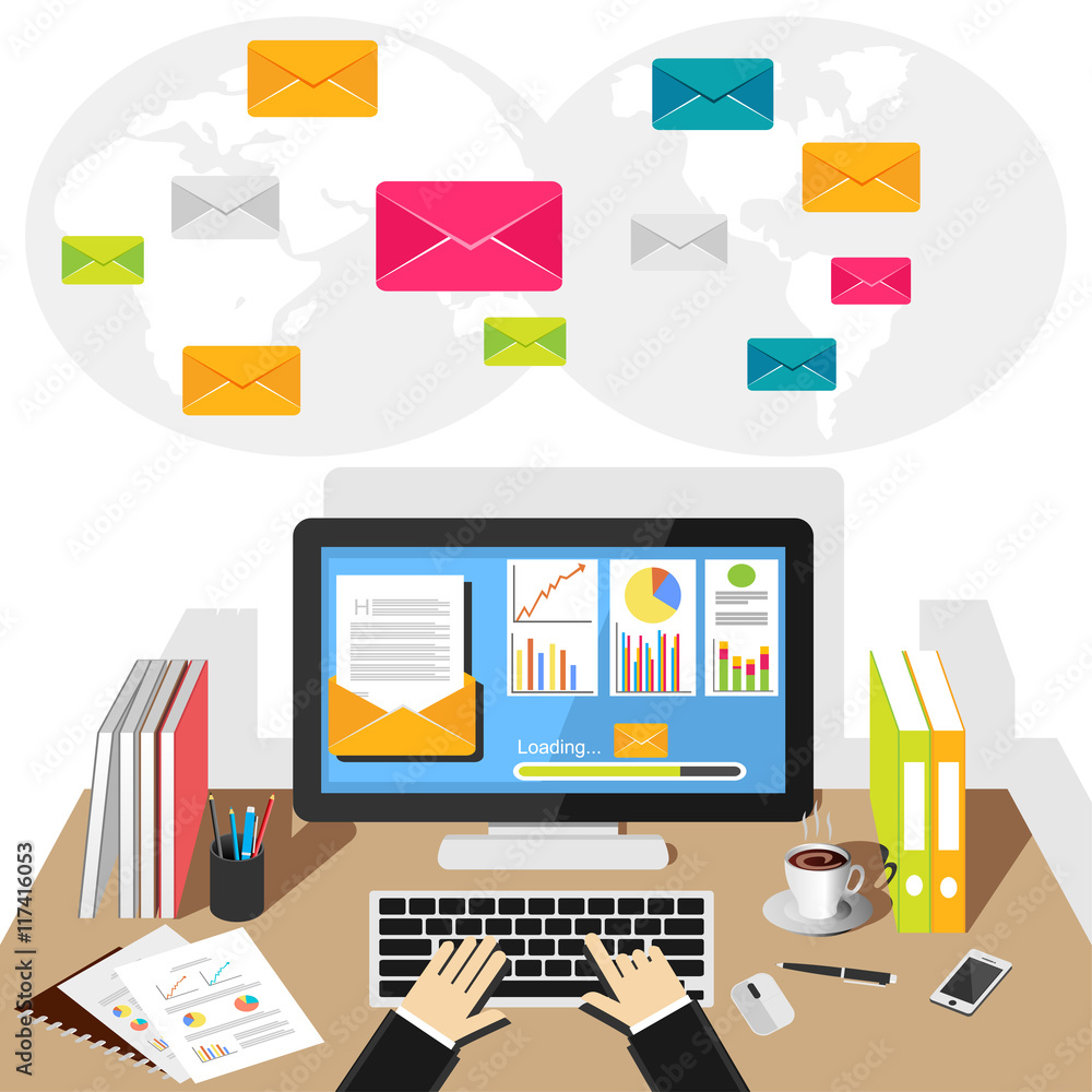 Businessman person sending the e-mail from computer. E-mail marketing. Business technology concept