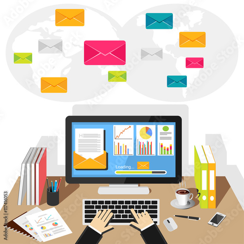 Businessman person sending the e-mail from computer. E-mail marketing. Business technology concept