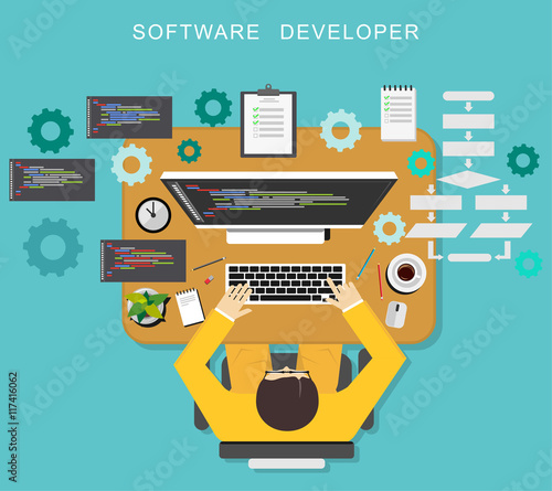 Software developer concept. Programmer coding on desktop.