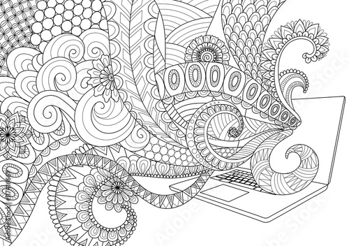 Doodle design of fun line art flowing out of laptop for adult coloring book pages for anti stress - Stock vector