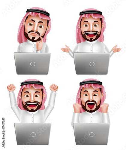 Saudi arab man vector character set in front of laptop with different actions and facial expressions isolated in white background. Vector illustration.
