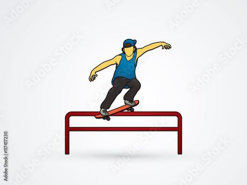 Skateboarder doing a grind on rail graphic vector