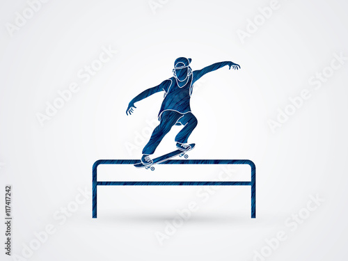 Skateboarder doing a grind on rail designed using blue grunge brush graphic vector