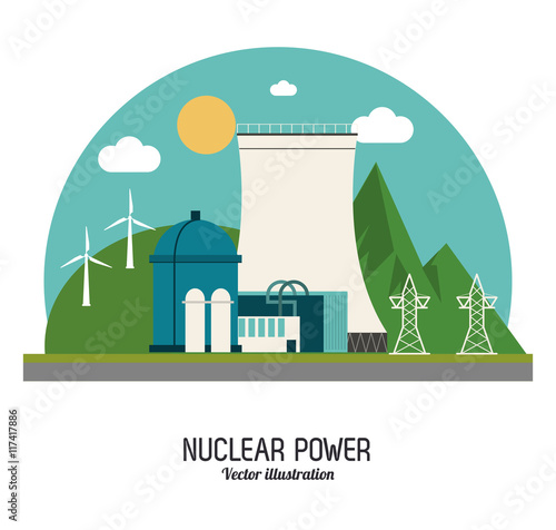 Nuclear plant power windmill sun cloud landscape mountain industry building chimney icon. Arch and Colorfull illustration. Vector graphic