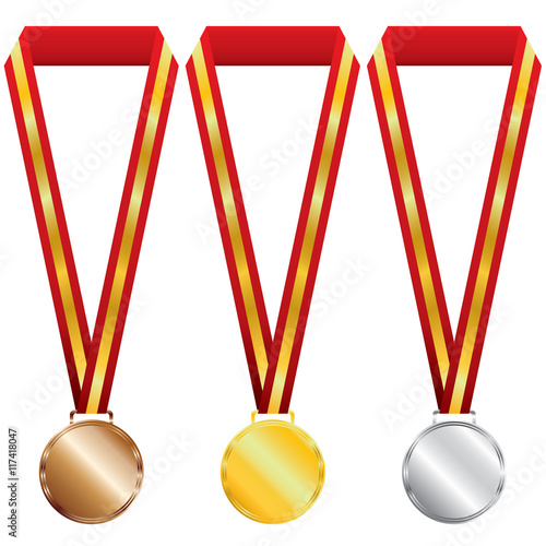 Three medals on red ribbon.