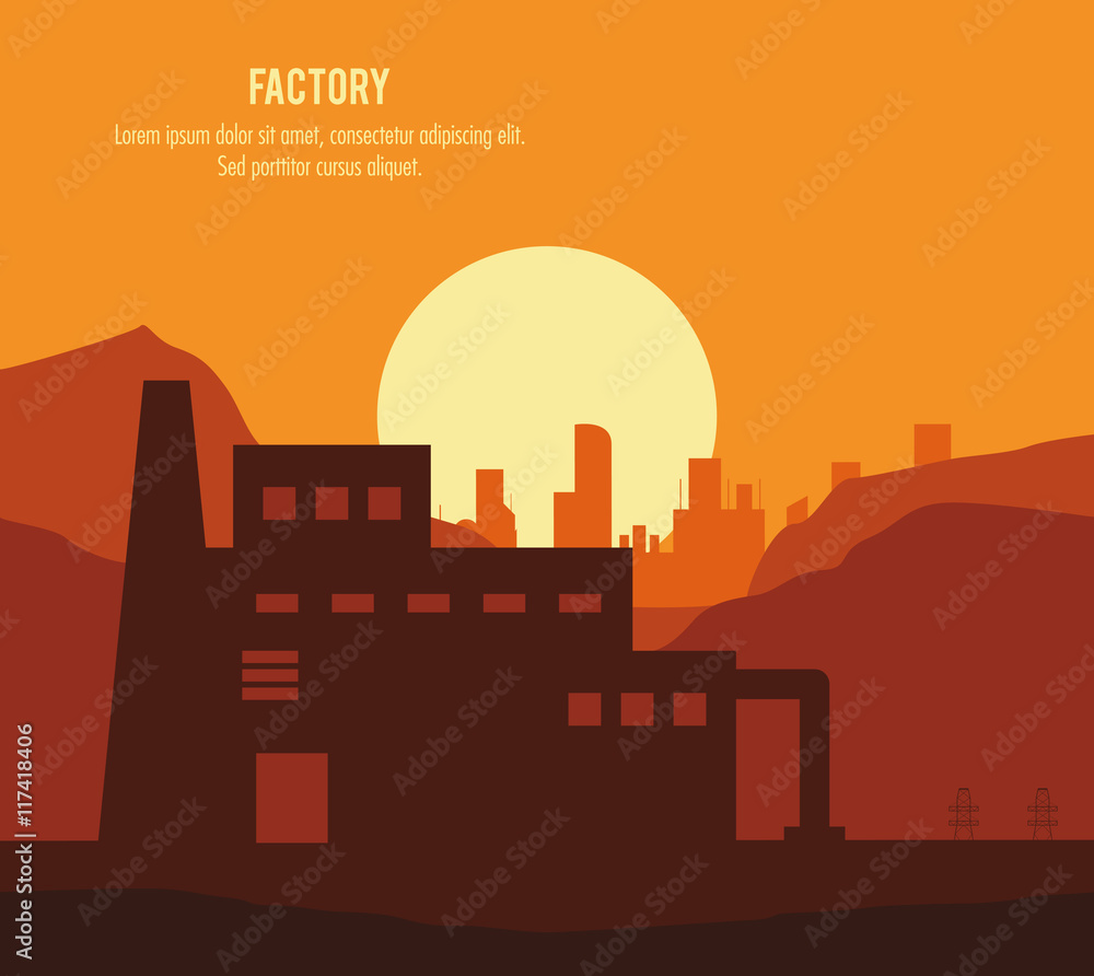 Plant sun landscape building chimney factory industry icon. Silhouette illustration. Vector graphic