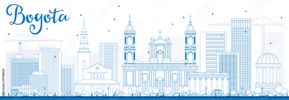 Outline Bogota Skyline with Blue Buildings.