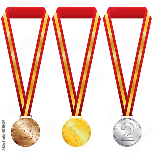 Three medals with gold, silver and bronze on red ribbon.