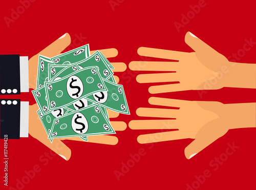 Hands handing dollar money or cash to another pair of hands