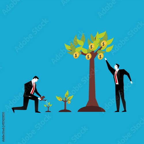 Investment concept. Business people watering and collecting profit plant.