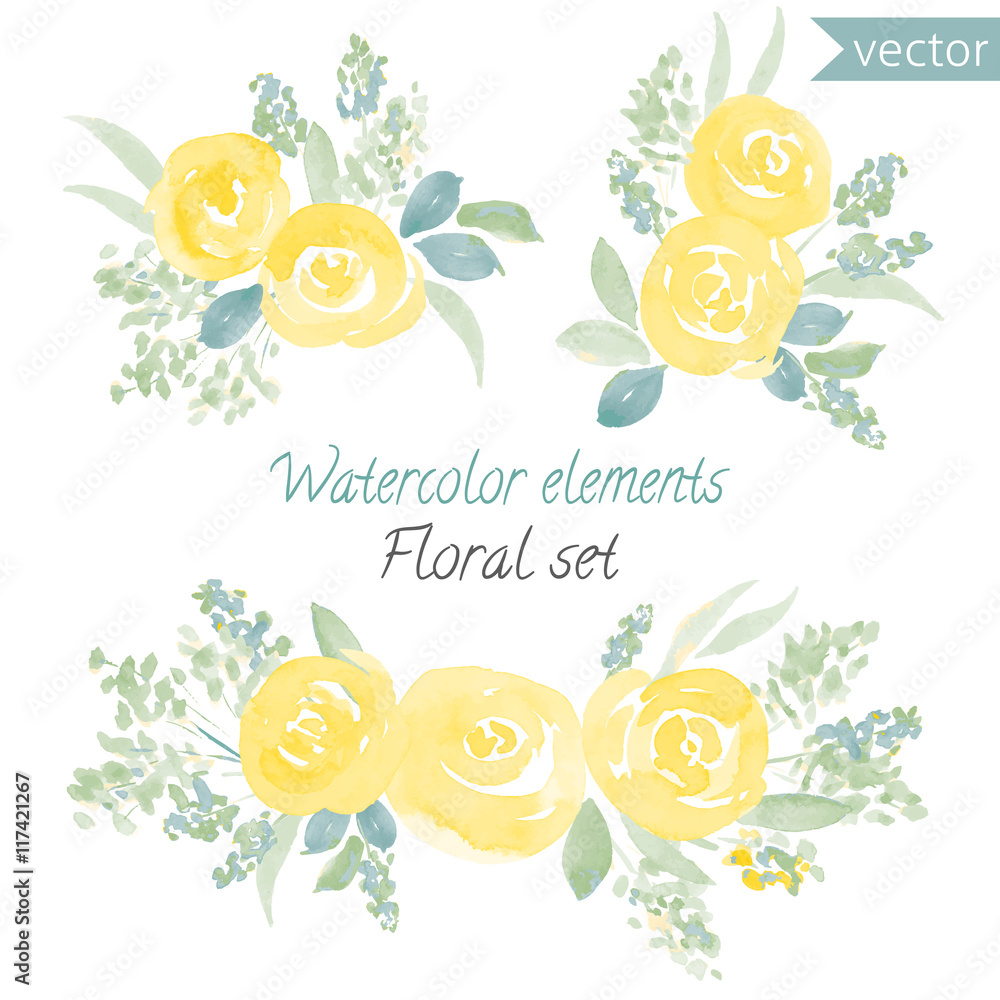 A set of watercolor roses flowers and leaf. Vector collection with leaves and flowers, hand drawing. Can be used for design for invitation, wedding or greeting cards