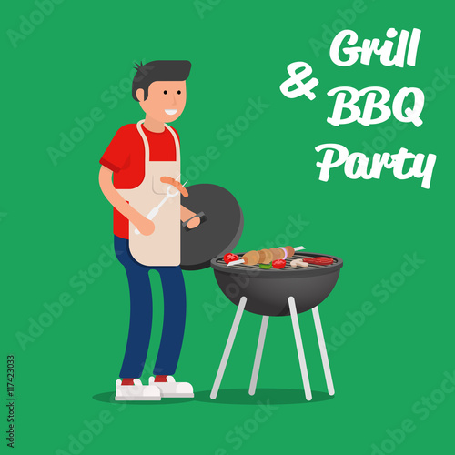 Man of cooking meat with a grill. Barbecue party. Vector illustration.