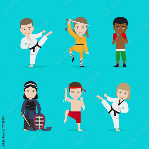 Kids martial arts vector illustration. Karate girl and boxing boy
