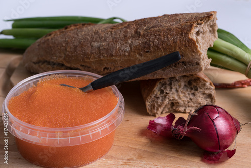 Gourmet meal with Swedish caviar and freshly baked bred