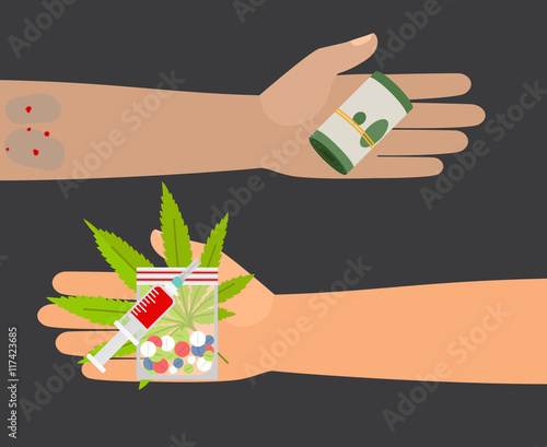 Drug buy. Give money and take drugs vector illustration