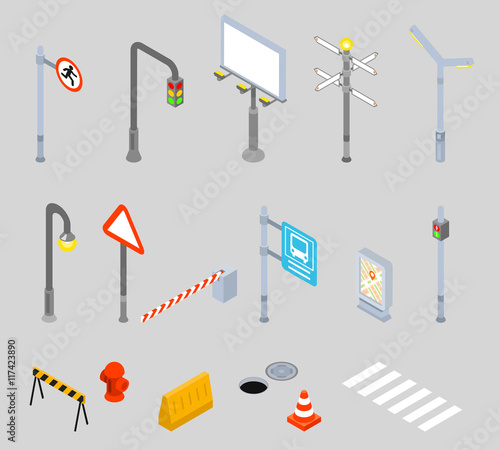 Isometric traffic management. Urban 3D vector icons