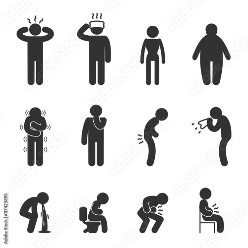 Symptoms of people disease icons. Sick and ill