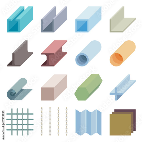 Metallurgy products vector icons. Isometric 3d elements