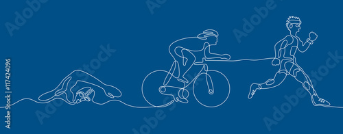 Canvas Print Triathlon graphic using single line to design and form the shape of triathletes are swimming running and cycling