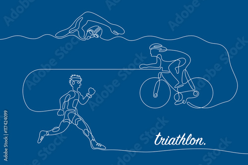 Triathlon graphic using single line to design and form the shape of triathletes are swimming running and cycling.