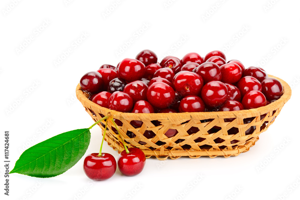 Ripe cherries in basket isolated on white Ripe cherries in basket isolated on white