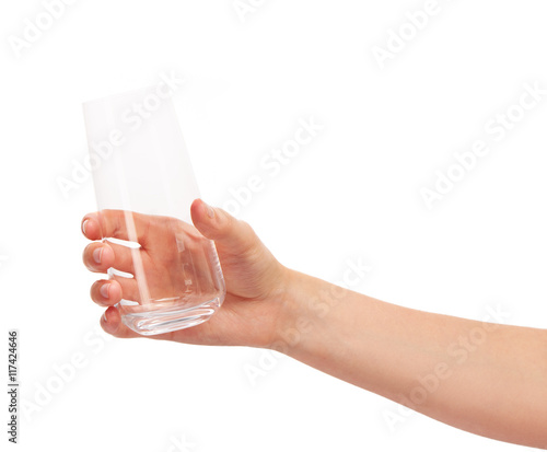 Female hand holding empty clean drinking glass against white