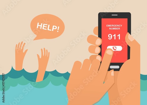 drowning man screaming for help. hands press emergency number 911 on a mobile phone
