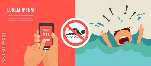 drowning man screaming for help. hands press emergency number 911 on a mobile phone