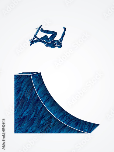 Skateboarder high jumping designed using blue grunge brush graphic vector.