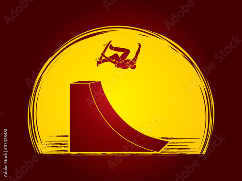 Skateboarder high jumping designed on moonlight background graphic vector.