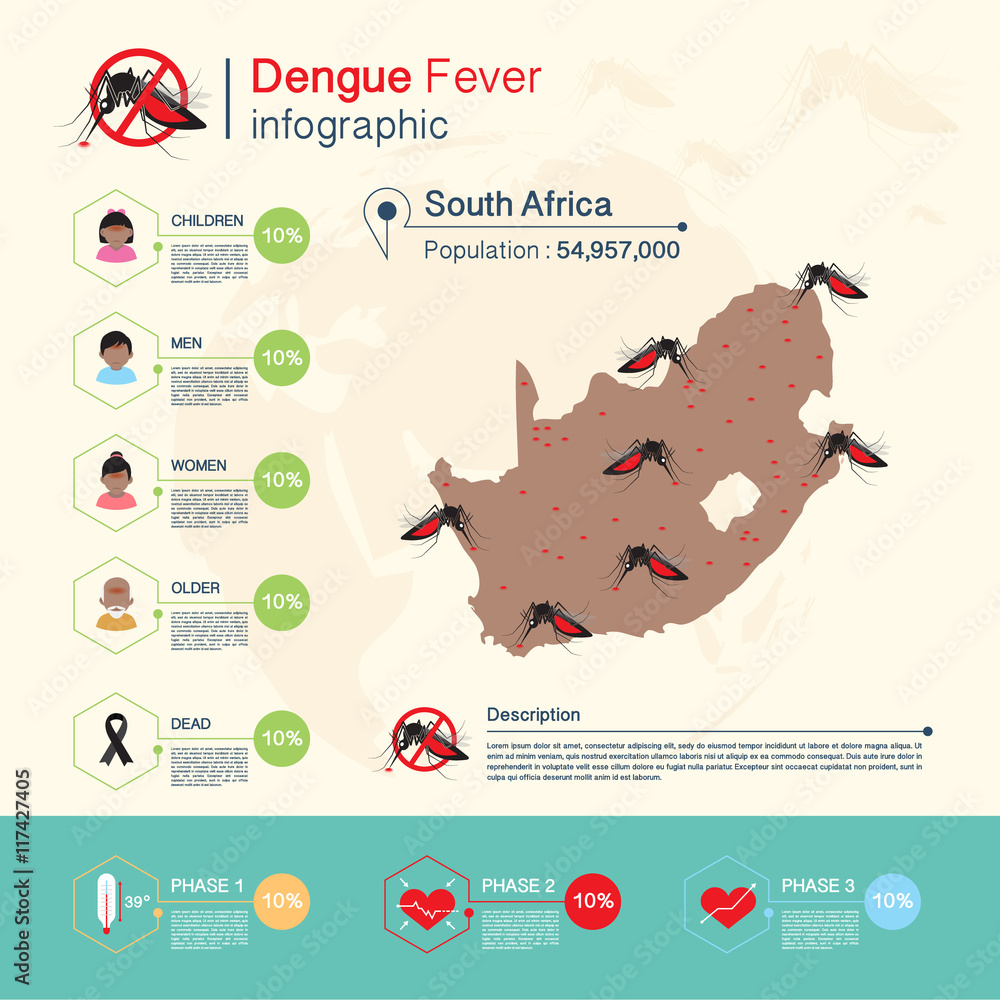 Dengue fever and Zika virus,Malaria Infographic,South Africa Map Stock