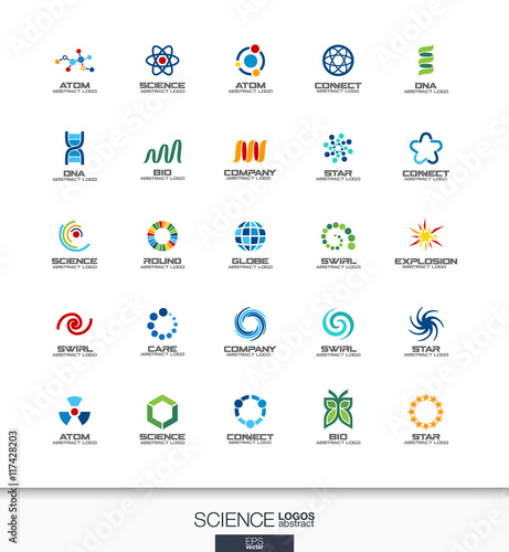 Abstract logo set for business company. Corporate identity design elements. Science, education, physics and chemical concepts. Dna, atom, molecule, bio logotype collection. Colorful Vector icons