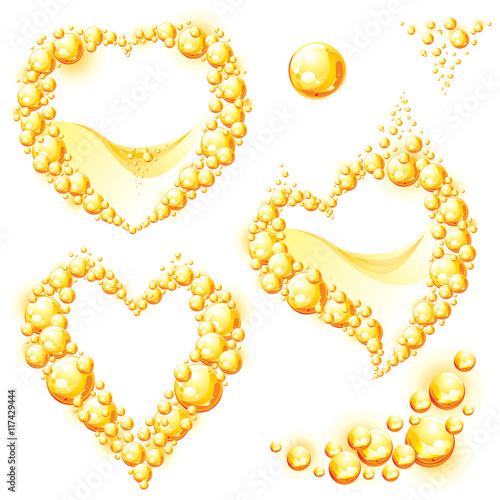 Collection of orange juice frames in the form of heart. Vector illustration.