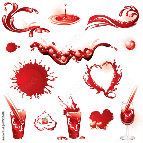 Collection of red splashes. Juice and vine . (vector illustration).