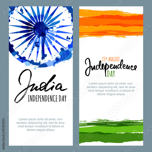 Vector watercolor banners and backgrounds. 15th of August, Happy India Independence Day. Watercolor hand drawn india flag with ashoka wheel. Design for greeting card, holiday banner, flyer, poster.