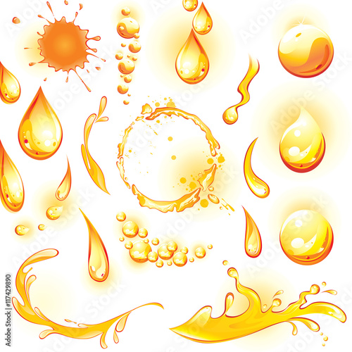 Set of orange water drops and splashes. Vector illustration.