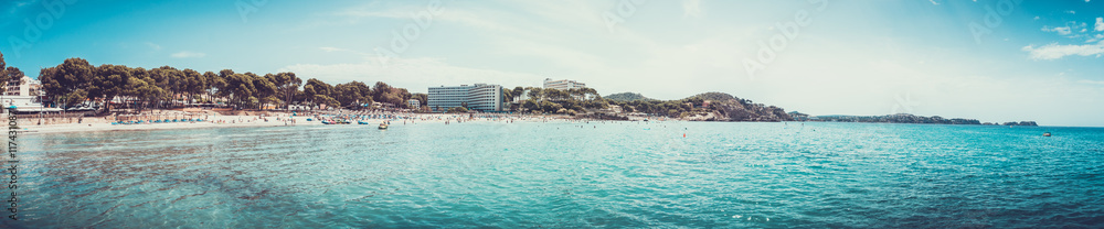 Wide panoramic view of ocean water with resorts